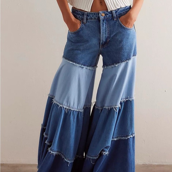 We The Free Denim - We The Free Two-Tone Blue Tiered Wide-Leg Jeans